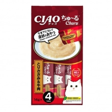 INABA CIAO крем-лакомство для кошек Churu пюре Куриное филе и говядина, 14 г х 4 шт